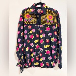 vintage Mola Embroidery floral button down blouse size L boho maximalist vibrant